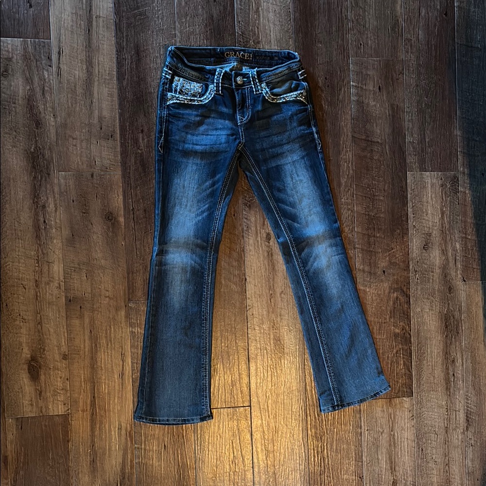 Grace in LA Indigo Bootcut Jeans with Embroidery